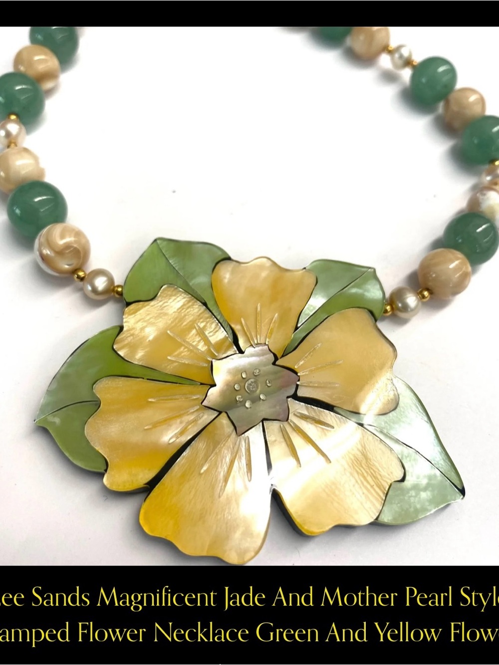 Magnificent Jade and Mother of Pearl Flower Necklace - Green & Yellow